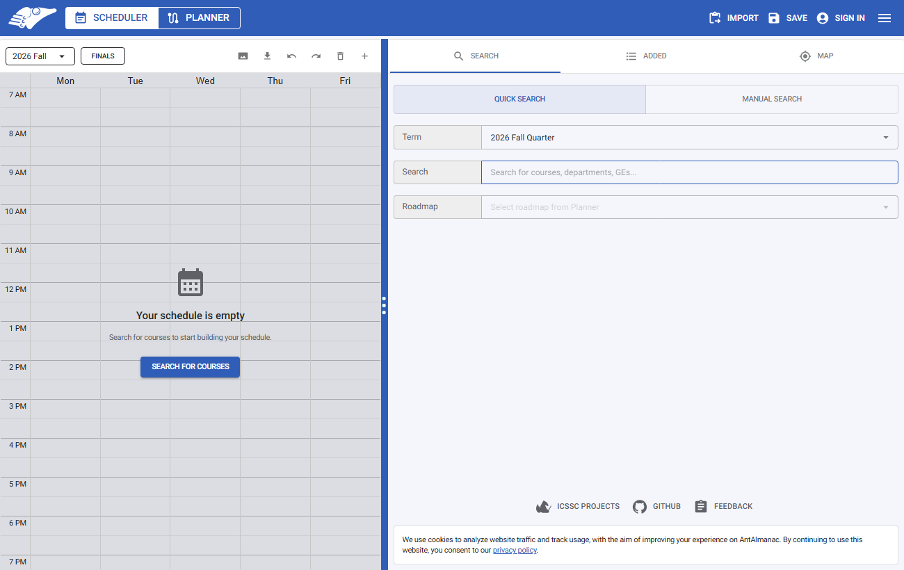 The AntAlmanac scheduler: an empty Monday-to-Friday weekly course calendar beside a search panel with term, course search and roadmap fields.