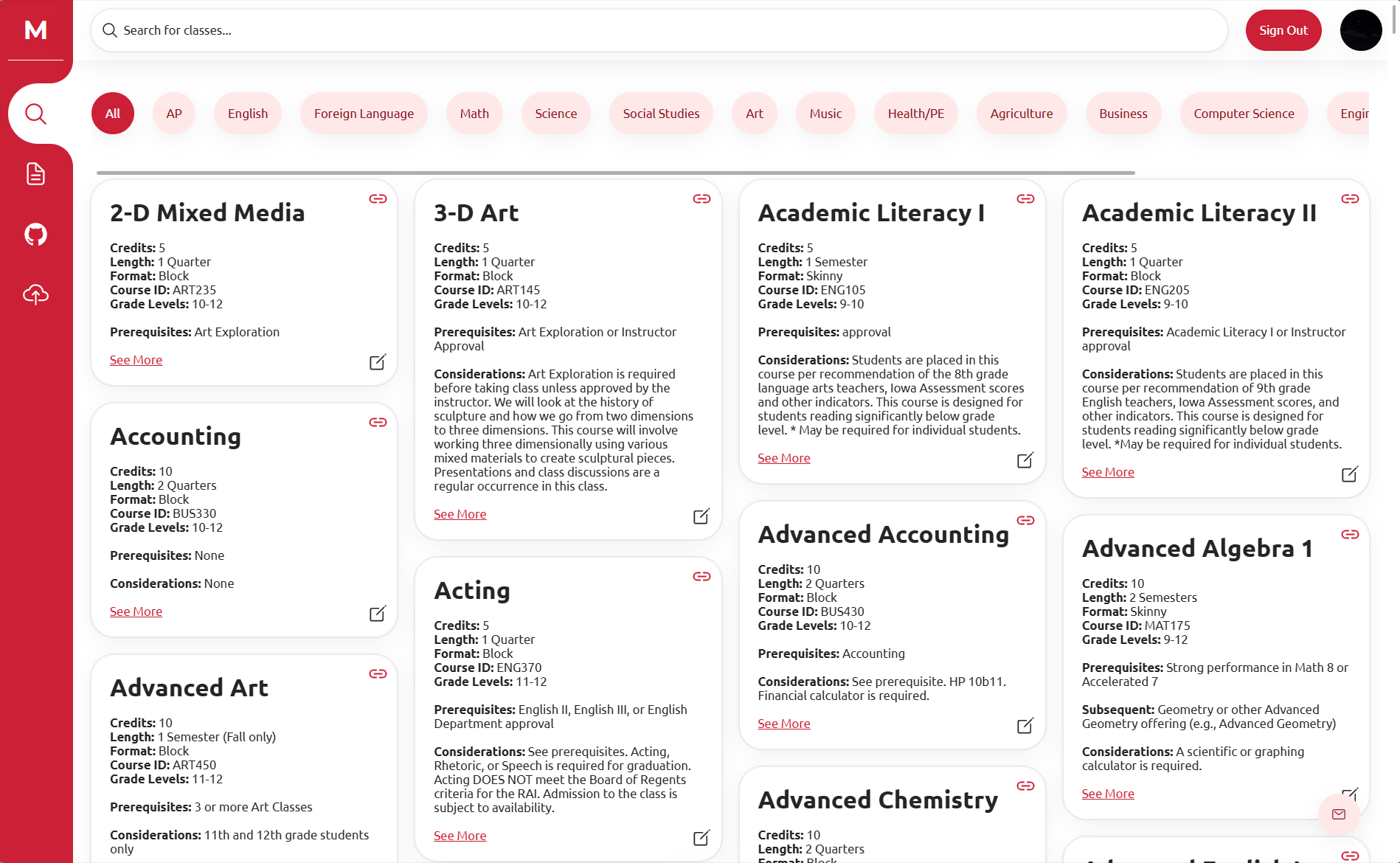 The Magnify course catalog: a search bar above a row of subject filter chips, with a grid of course cards each listing credits, length, format, course ID, grade levels and prerequisites.