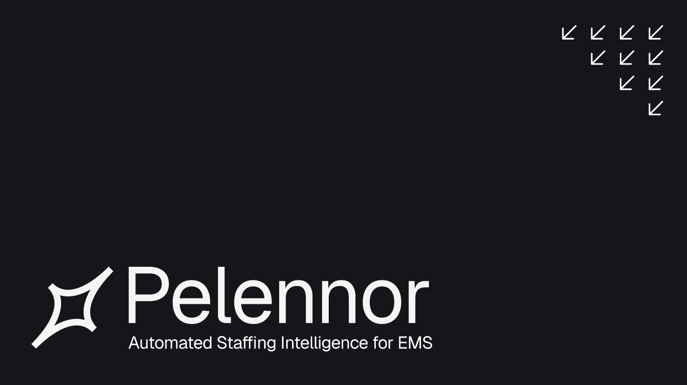 Title slide of the Pelennor pitch deck: a four-pointed star mark beside the Pelennor wordmark, over the line "Automated Staffing Intelligence for EMS", on a near-black background.
